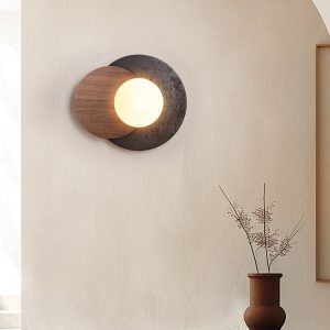 Madriax - Kinkiet nowoczesny, czarny travertyn i orzech do salonu, Ø30x25 cm