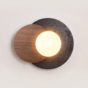 Madriax - Kinkiet nowoczesny, czarny travertyn i orzech do salonu, Ø30x25 cm