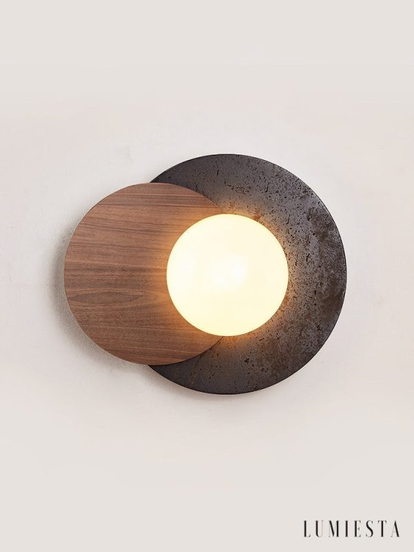 Madriax - Kinkiet nowoczesny, czarny travertyn i orzech do salonu, Ø30x25 cm