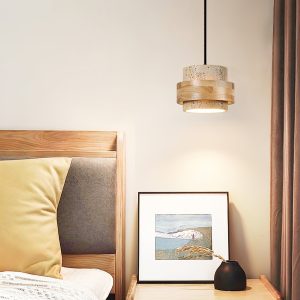 Malagara - Lampa wisząca żółty trawertyn i drewno, do salonu, Ø17x12 cm