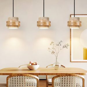 Malagara - Lampa wisząca żółty trawertyn i drewno, do salonu, Ø17x12 cm