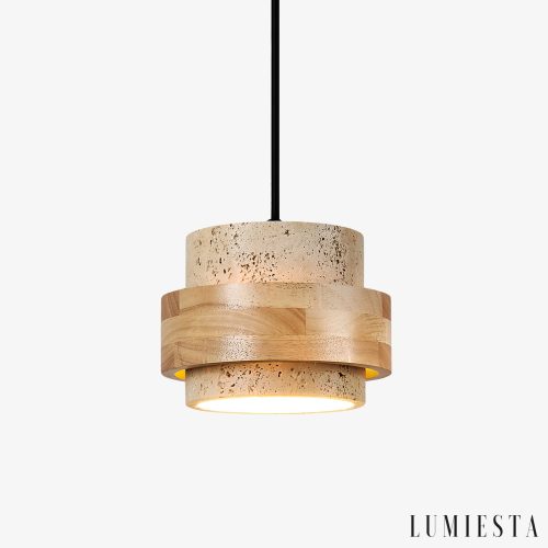 Malagara - Lampa wisząca żółty trawertyn i drewno, do salonu, Ø17x12 cm