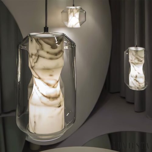 Metropolia - lampa wisząca z alabastru, szaro-białe klosze w zbliżeniu