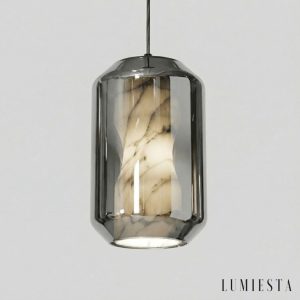 Metropolia - lampa wisząca z alabastru szaro-biała