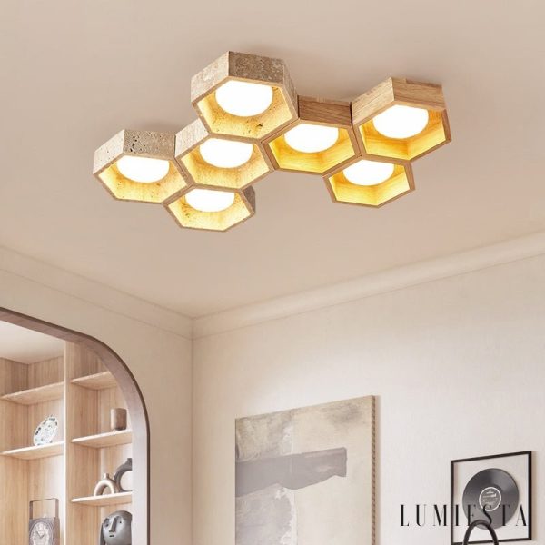 Monacora - Lampa sufitowa trawertynowo-drewniana do salonu, 30/43/57/70/82 cm