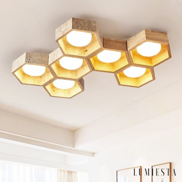 Monacora - Lampa sufitowa trawertynowo-drewniana do salonu, 30/43/57/70/82 cm