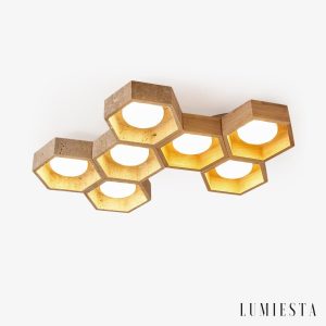 Monacora - Lampa sufitowa trawertynowo-drewniana do salonu, 30/43/57/70/82 cm