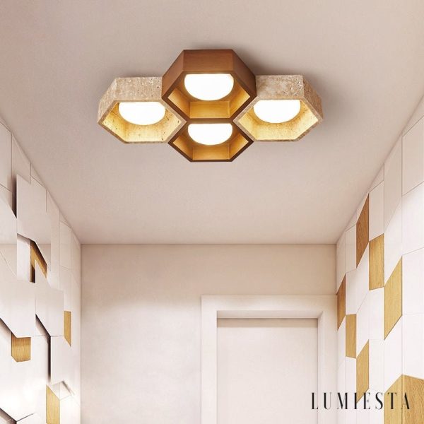 Monacora - Lampa sufitowa trawertynowo-drewniana do salonu, 30/43/57/70/82 cm