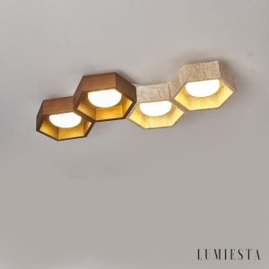 Monacora - Lampa sufitowa trawertynowo-drewniana do salonu, 30/43/57/70/82 cm