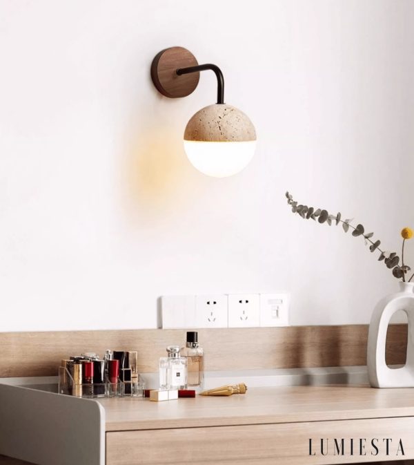 Navarria - Lampa stołowa trawertynowa, orzech z metalem do sypialni, Ø13x23 cm