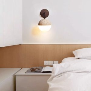 Navarria - Lampa stołowa trawertynowa, orzech z metalem do sypialni, Ø13x23 cm