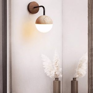 Navarria - Lampa stołowa trawertynowa, orzech z metalem do sypialni, Ø13x23 cm