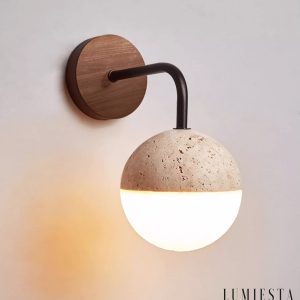 Navarria - Lampa stołowa trawertynowa, orzech z metalem do sypialni, Ø13x23 cm