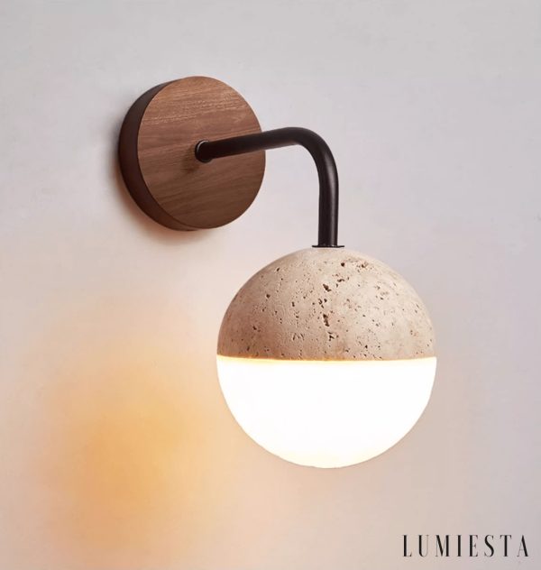 Navarria - Lampa stołowa trawertynowa, orzech z metalem do sypialni, Ø13x23 cm