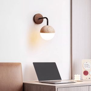 Navarria - Lampa stołowa trawertynowa, orzech z metalem do sypialni, Ø13x23 cm