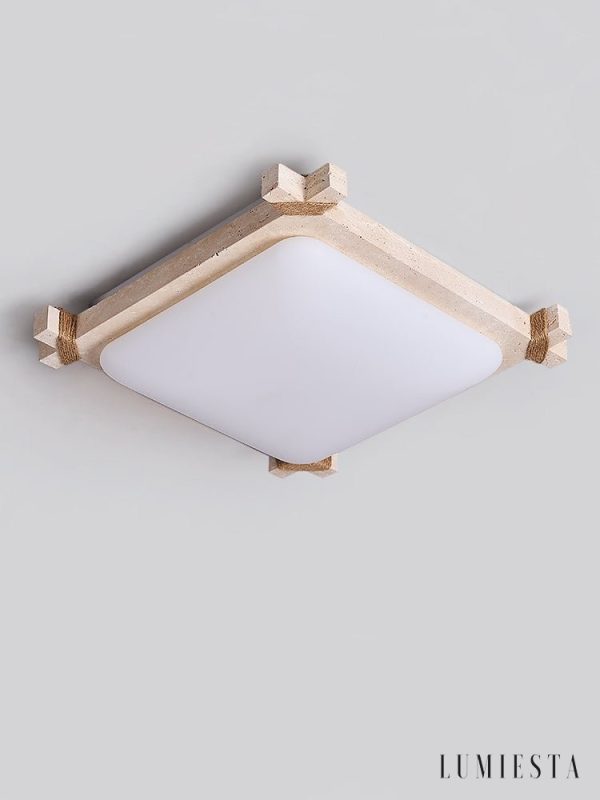 Olympis - Lampa sufitowa trawertynowa, żółto-biała, do salonu 44x44/55x55 cm