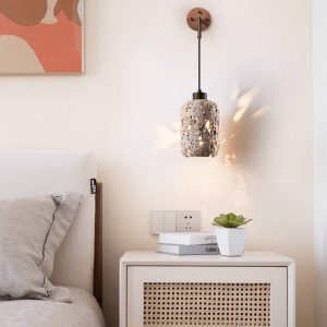 Padovix - Lampa stołowa żółty trawertyn i orzech, do salonu Ø13x21 cm