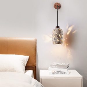 Padovix - Lampa stołowa żółty trawertyn i orzech, do salonu Ø13x21 cm