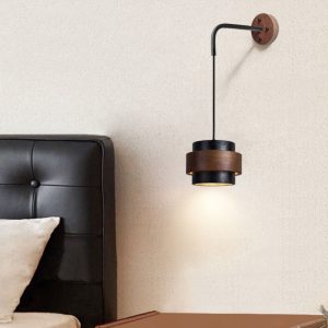 Palermis - Kinkiet nowoczesny, czarny trawertyn i drewno do salonu, Ø17x12 cm