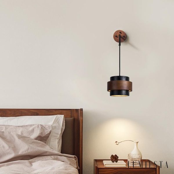 Palermis - Kinkiet nowoczesny, czarny trawertyn i drewno do salonu, Ø17x12 cm