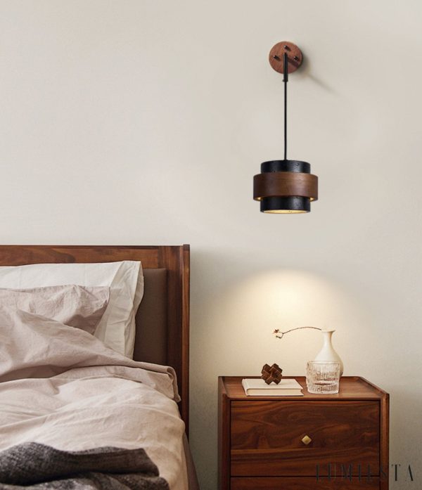 Palermis - Kinkiet nowoczesny, czarny trawertyn i drewno do salonu, Ø17x12 cm