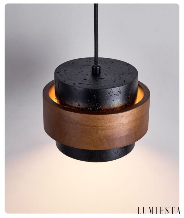 Palermis - Kinkiet nowoczesny, czarny trawertyn i drewno do salonu, Ø17x12 cm