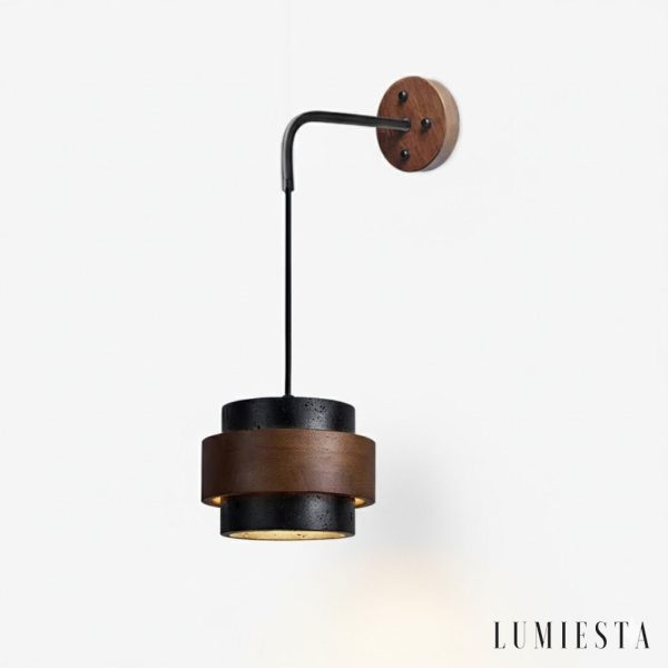 Palermis - Kinkiet nowoczesny, czarny trawertyn i drewno do salonu, Ø17x12 cm