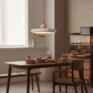 Pamplonae - Lampa wisząca żółty trawertyn i drewno do jadalni Ø30/40 x9 cm