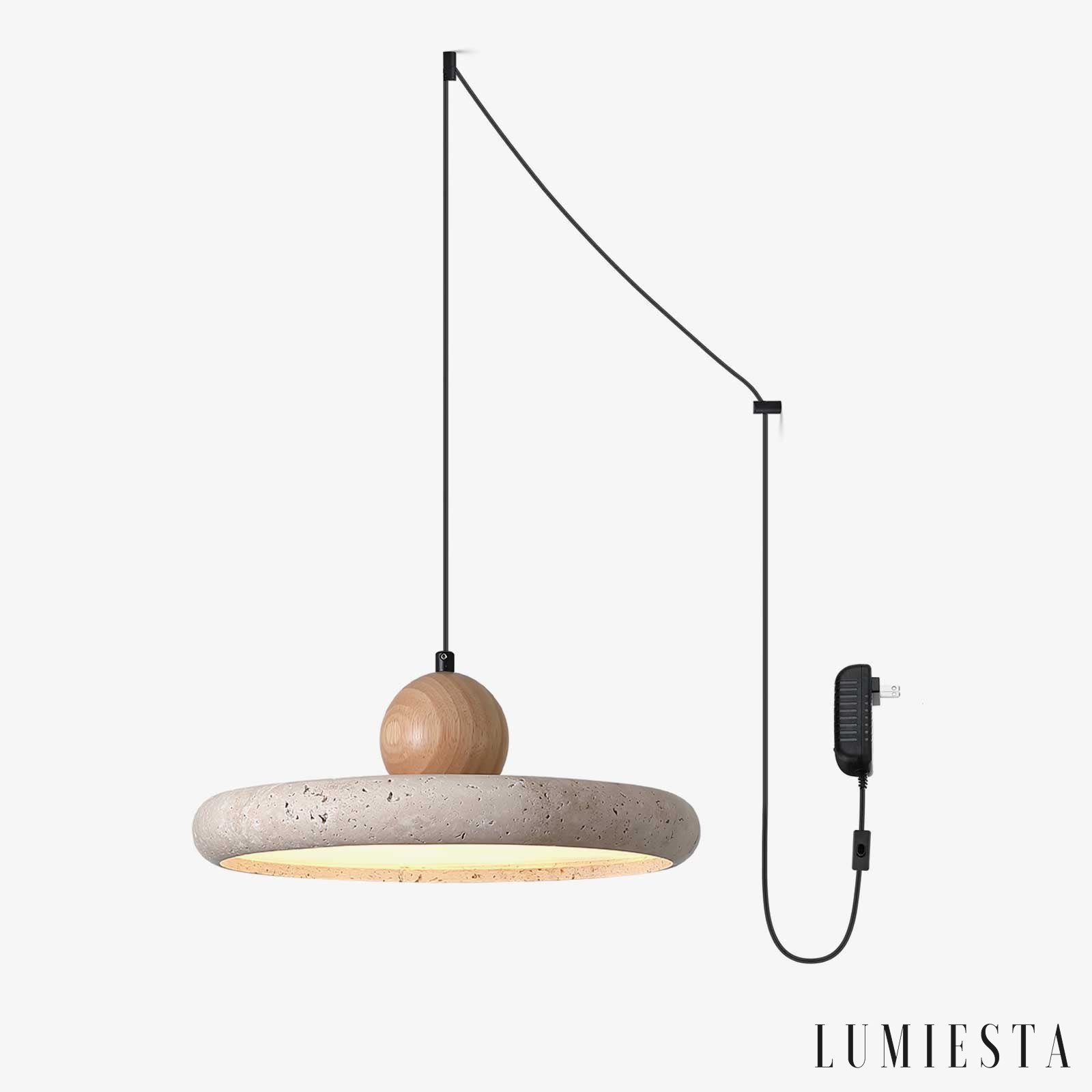 Pamplonae - lampa wisząca z żółtego trawertynu i drewna