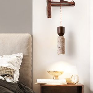 Panthoris - Kinkiet drewniano-trawertynowy, orzechowy do salonu, Ø7x19 cm