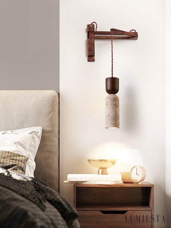 Panthoris - Kinkiet drewniano-trawertynowy, orzechowy do salonu, Ø7x19 cm