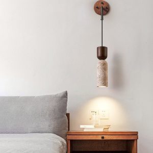 Panthoris - Kinkiet drewniano-trawertynowy, orzechowy do salonu, Ø7x19 cm