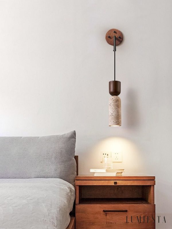 Panthoris - Kinkiet drewniano-trawertynowy, orzechowy do salonu, Ø7x19 cm