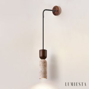 Panthoris - Kinkiet drewniano-trawertynowy, orzechowy do salonu, Ø7x19 cm