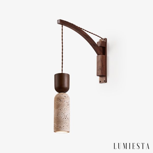 Panthoris - Kinkiet drewniano-trawertynowy, orzechowy do salonu, Ø7x19 cm