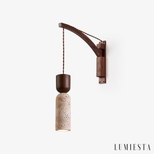 Panthoris - Kinkiet drewniano-trawertynowy, orzechowy do salonu, Ø7x19 cm