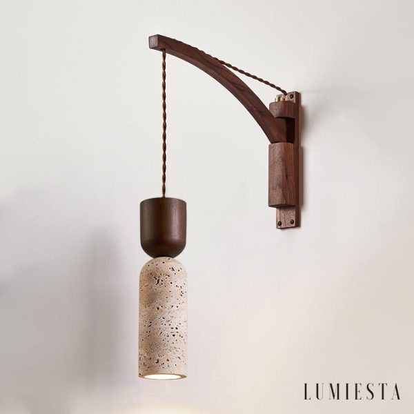 Panthoris - Kinkiet drewniano-trawertynowy, orzechowy do salonu, Ø7x19 cm