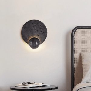 Parisia - Kinkiet trawertynowy czarny do sypialni, LED, Ø22×26 cm