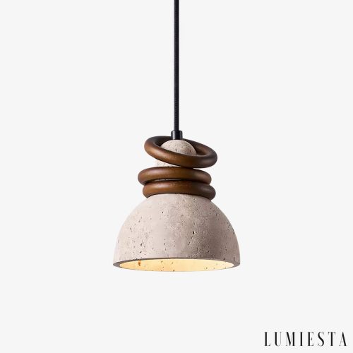 Patagoniax - Lampa wisząca skandynawska, drewno i żółty trawertyn, nad stół, Ø15 cm