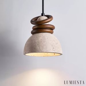 Patagoniax - Lampa wisząca skandynawska, drewno i żółty trawertyn, nad stół, Ø15 cm