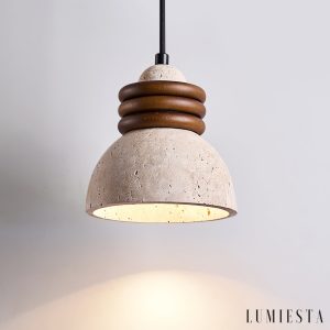 Patagoniax - Lampa wisząca skandynawska, drewno i żółty trawertyn, nad stół, Ø15 cm