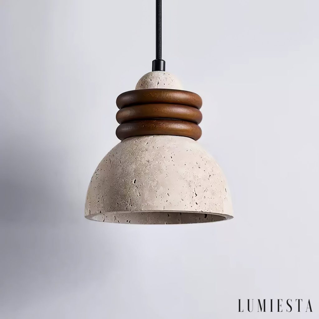 Patagoniax - lampa wisząca z drewna i żółtego trawertynu, elegancki profil z boku