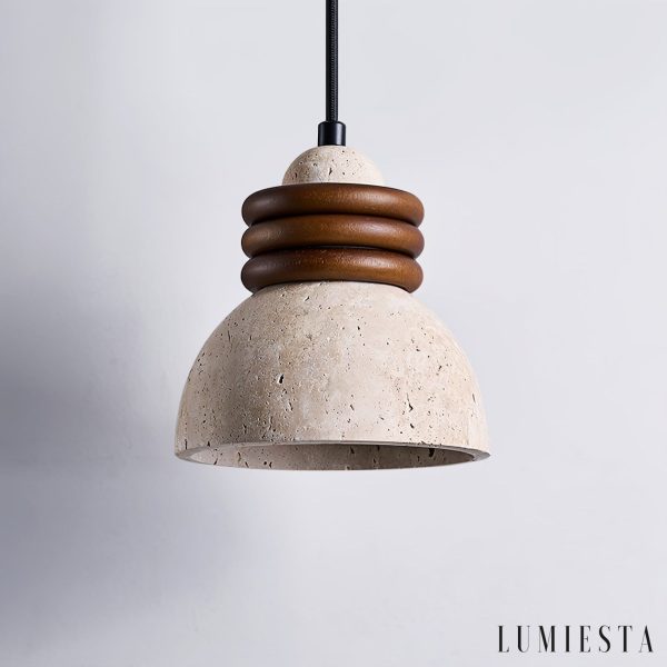 Patagoniax - Lampa wisząca skandynawska, drewno i żółty trawertyn, nad stół, Ø15 cm