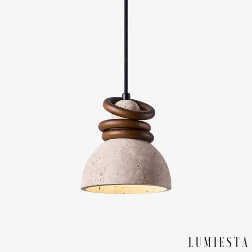 Patagoniax - Scandinavian pendant lamp, wood and yellow travertine, for over the table, Ø15 cm