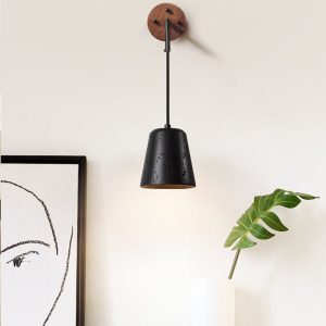 Portoria - Lampa wisząca loftowa, orzech/czarny trawertyn do salonu Ø11x12 cm