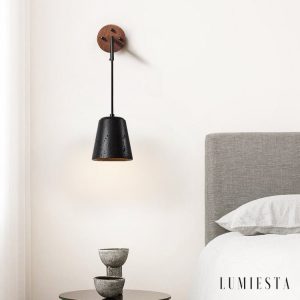 Portoria - Lampa wisząca loftowa, orzech/czarny trawertyn do salonu Ø11x12 cm