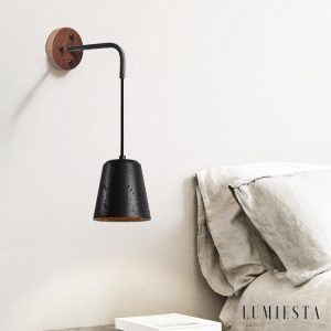 Portoria - Lampa wisząca loftowa, orzech/czarny trawertyn do salonu Ø11x12 cm