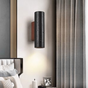 Puglis - Kinkiet drewniany z czarnym trawertynem do salonu, Ø7x16/23/32/60 cm
