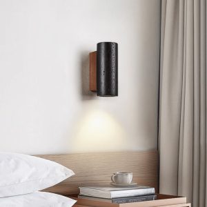 Puglis - Kinkiet drewniany z czarnym trawertynem do salonu, Ø7x16/23/32/60 cm