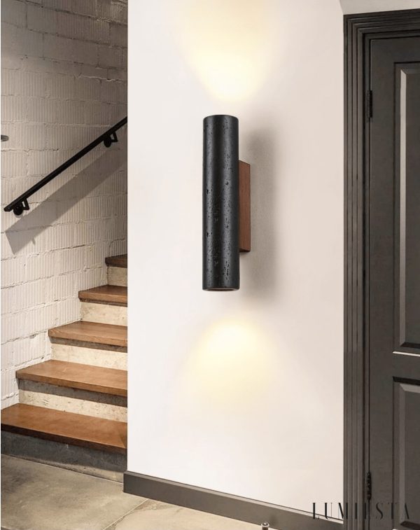 Puglis - Kinkiet drewniany z czarnym trawertynem do salonu, Ø7x16/23/32/60 cm